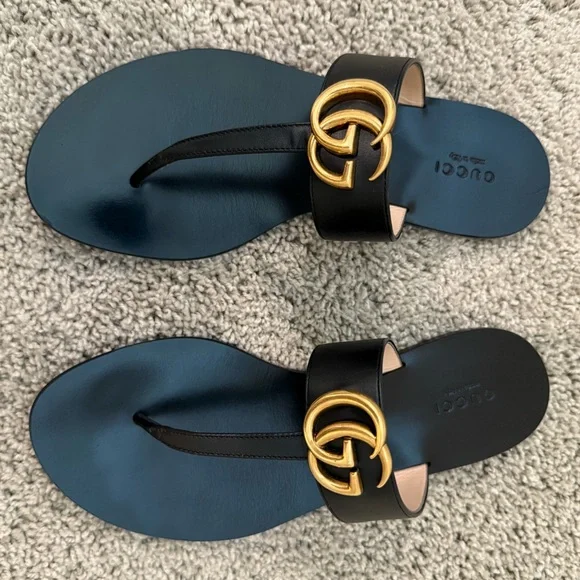 Black Gucci Flat Marmont Leather Thong Sandals Size 37 - Picture 3 of 13